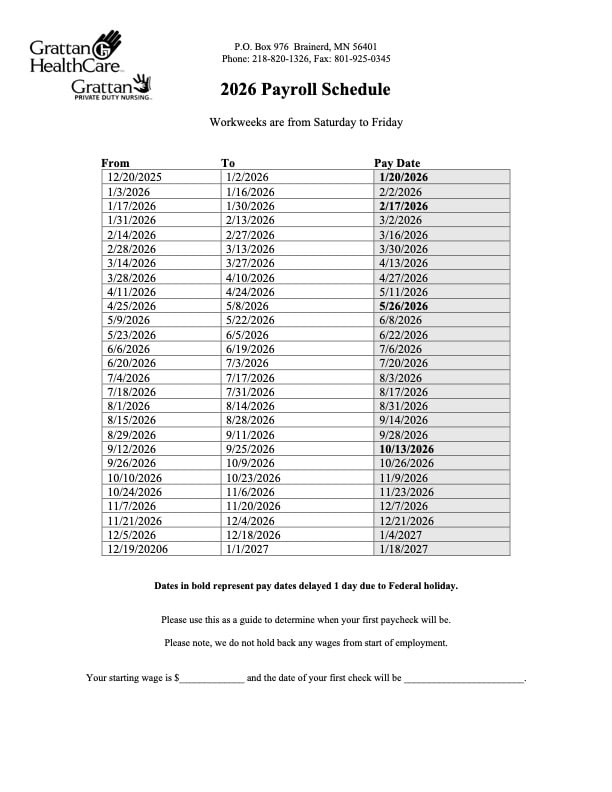 2026 Payroll Schedule